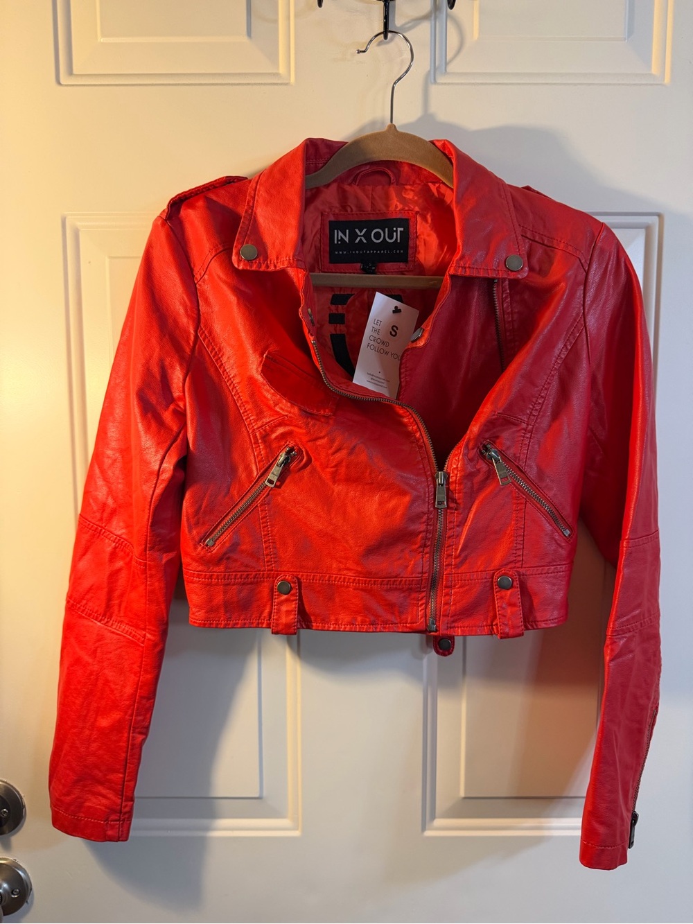NWT IN X OUT Red Faux Leather Cropped Moto Jacket Small Moto Baddie